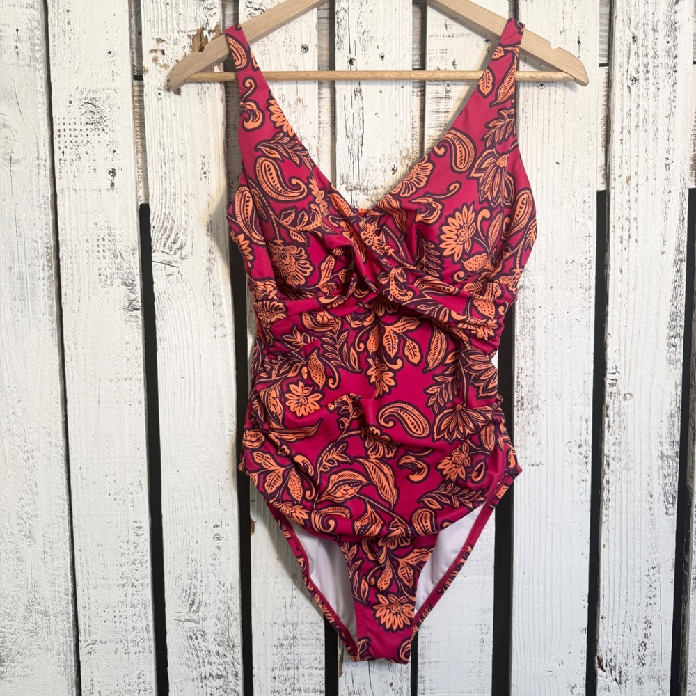 Bal Harbour Swim Womens 12 Pink Orange Paisley Ruched One Piece Swimsuit V-Neck